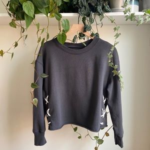 Aerie Lace-Up Crewneck Cropped Gray Sweatshirt